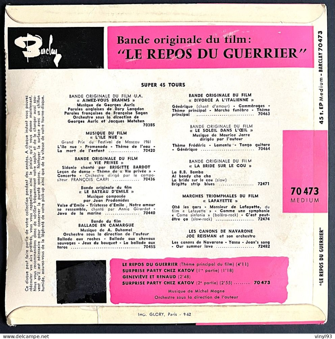 1962 - EP 45T B.O Du Film De Vadim "Le Repos Du Guerrier" Avec Brigitte Bardot - Musique M.Magne - Barclay 70 473 - Musique De Films