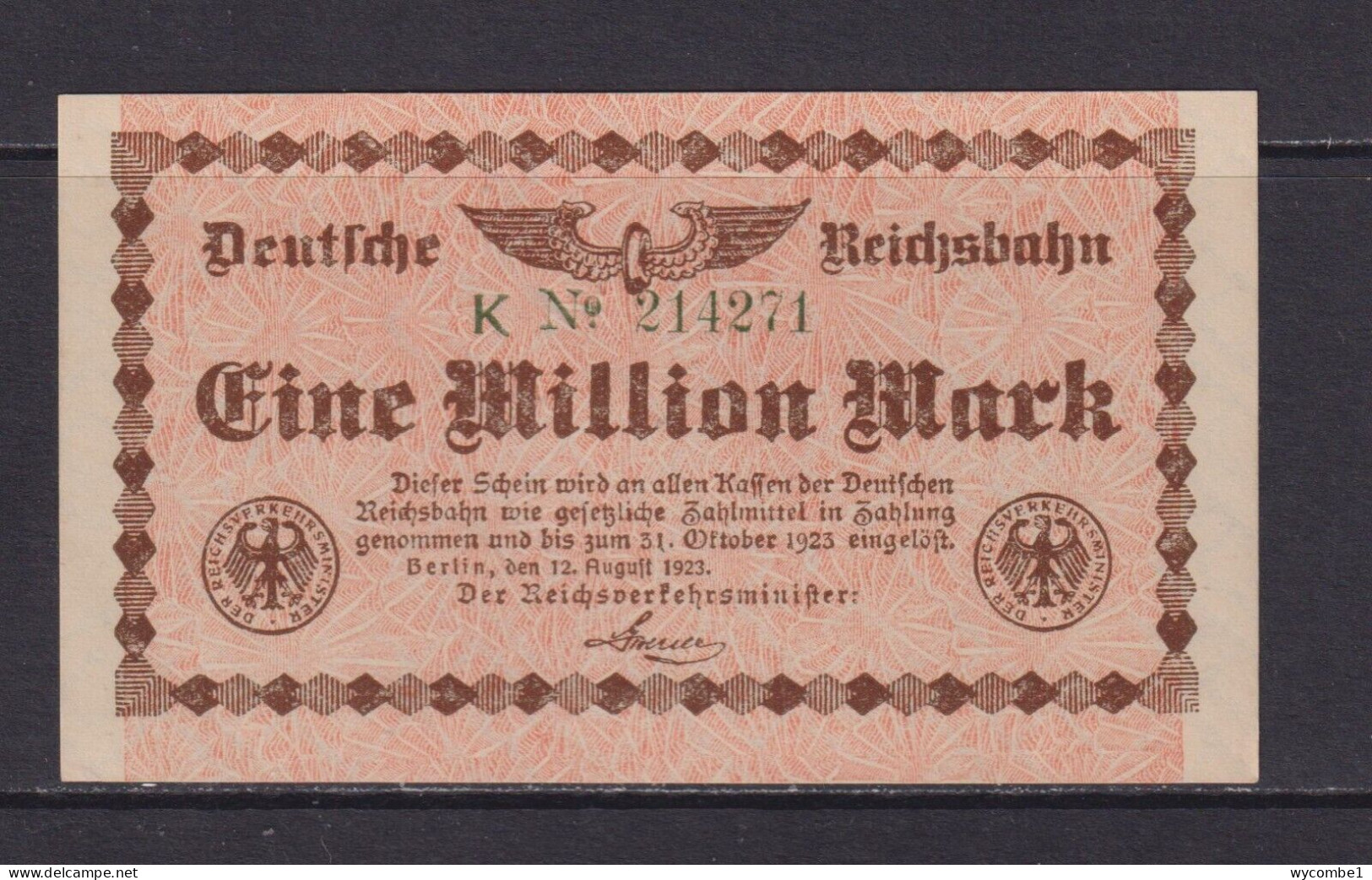 GERMANY - 1923 Deutsche Reichsbahn Berlin 1 Million Mark AUNC Note - 1 Miljoen Mark