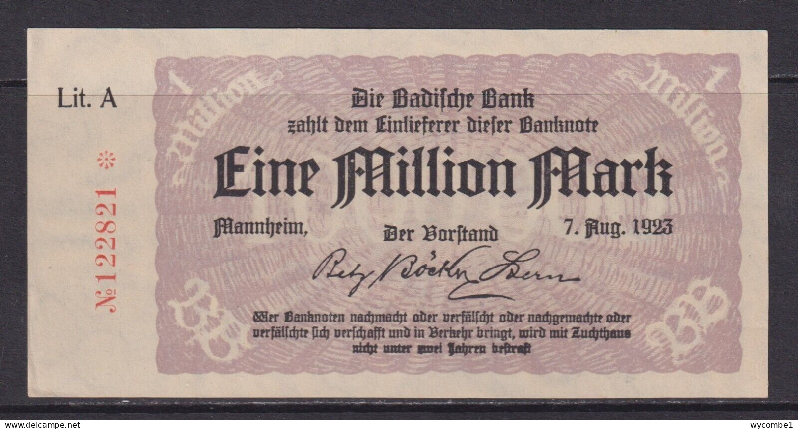 GERMANY - 1923 Badilche Bank Mannheim 1 Million Marks AUNC Banknote - 1 Million Mark