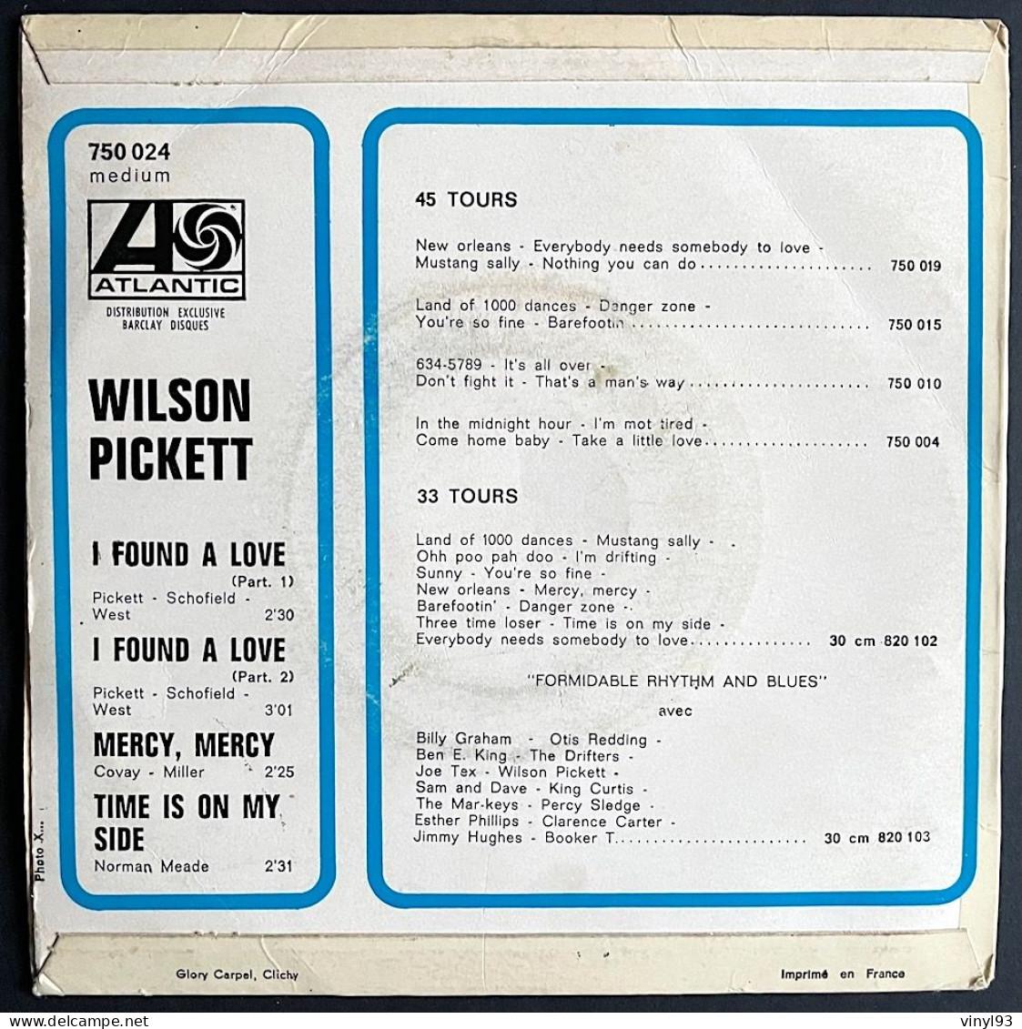 1967 - 7ème EP 45T De Wilson Pickett "I Found A Love" - Atlantic 750 024M - Andere - Engelstalig