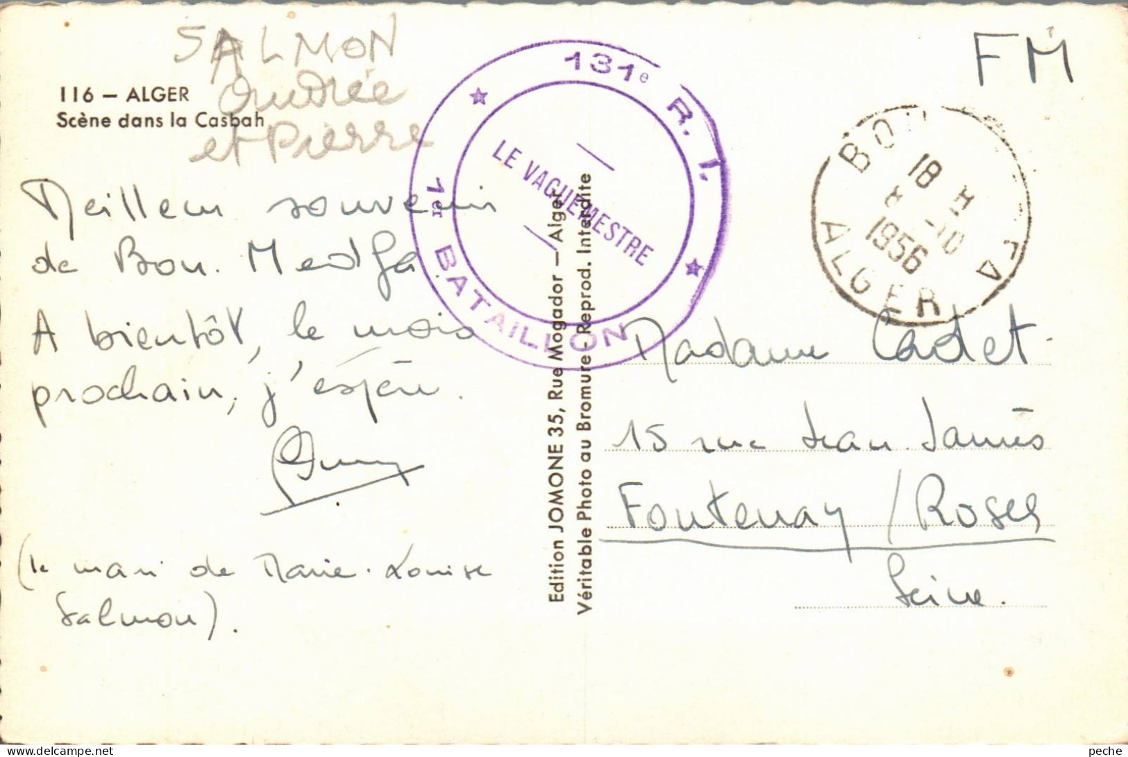 N°481 V -cachet 131è R.I. -1er Bataillon -Alger- - Guerre D'Algérie