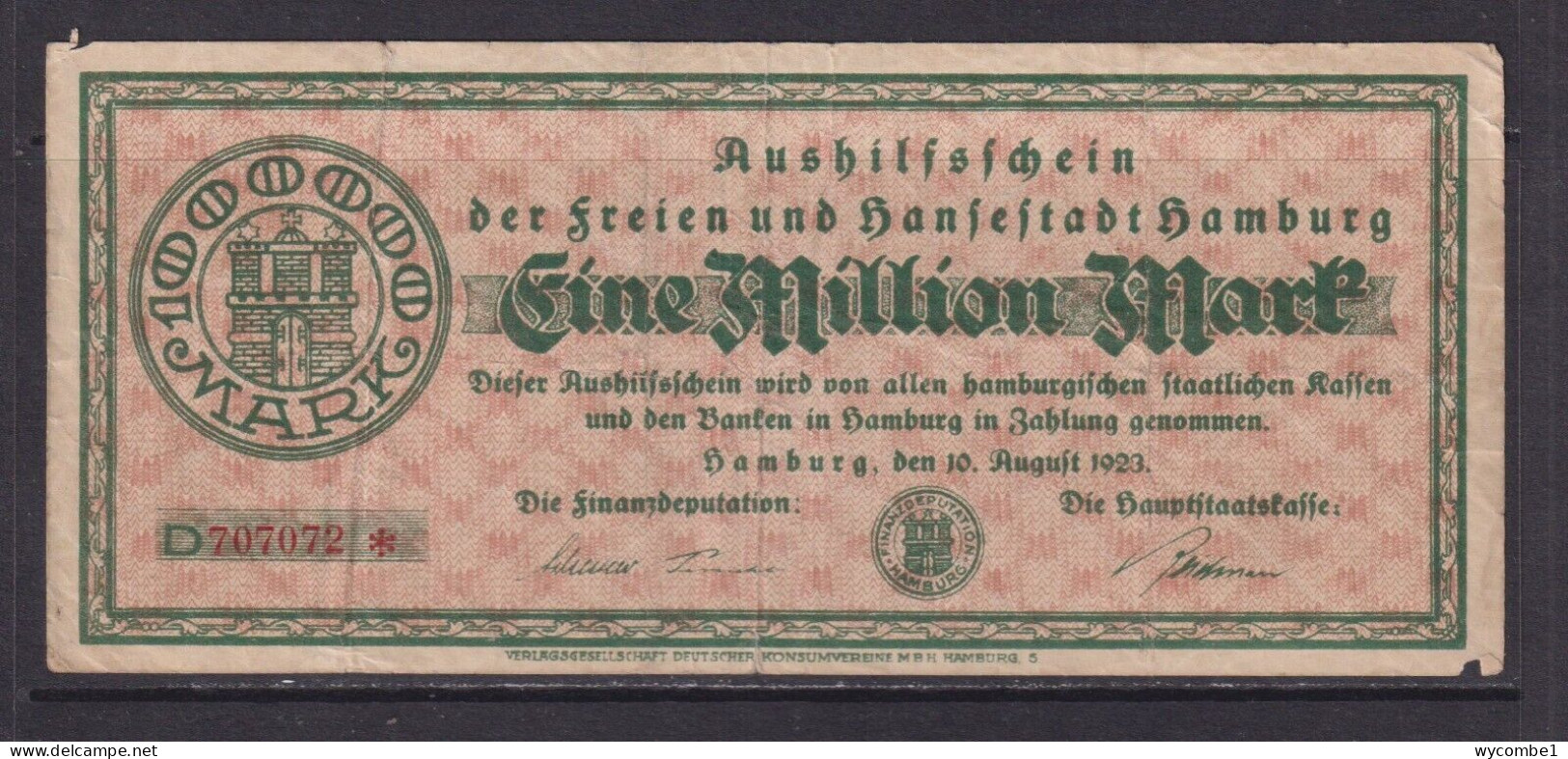 GERMANY - 1923 Hansestadt Hamburg 1 Million Mark Circulated Note - 1 Million Mark