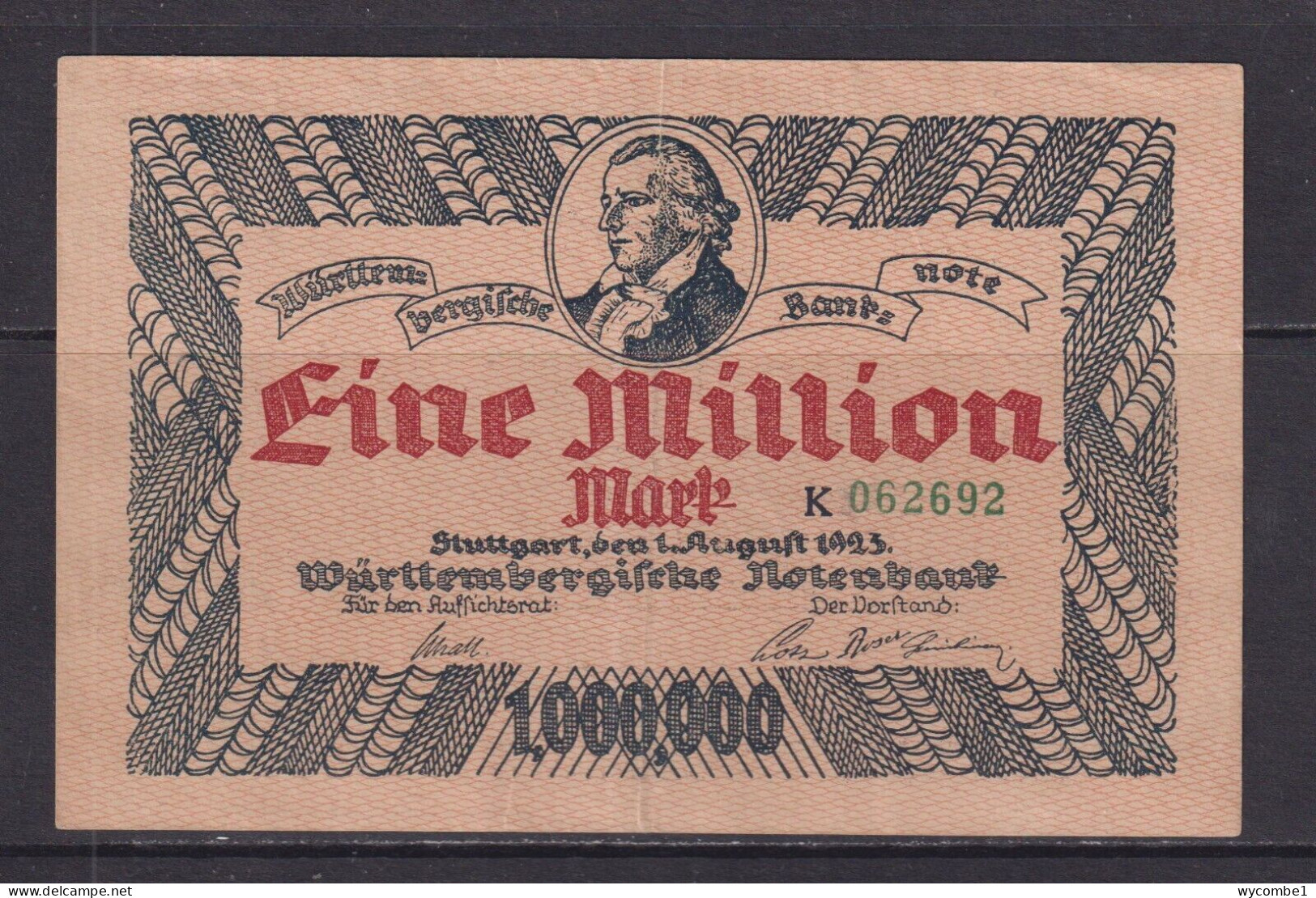 GERMANY - 1923 Wurttembergische Bank Stuttgart 1 Million Mark Circulated Note - 1 Mio. Mark