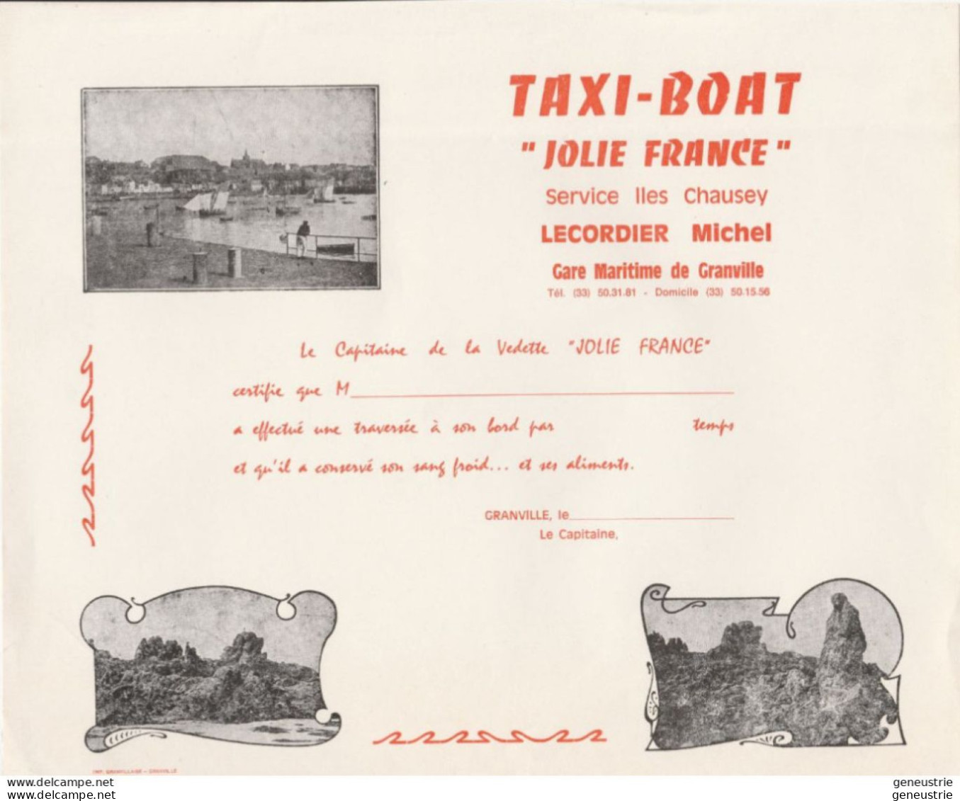 Document (diplôme De Traversée) Années 70 - Granville - Billet "Taxi-Boat Jolie France, Service Iles Chausey" Normandie - Other & Unclassified