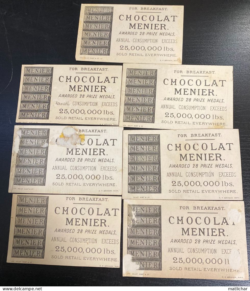 CHOCOLAT MENIER  RARE LOT DE 7 CHROMOS COULEURS DESTINE AU MARCHE ANGLAIS - Menier