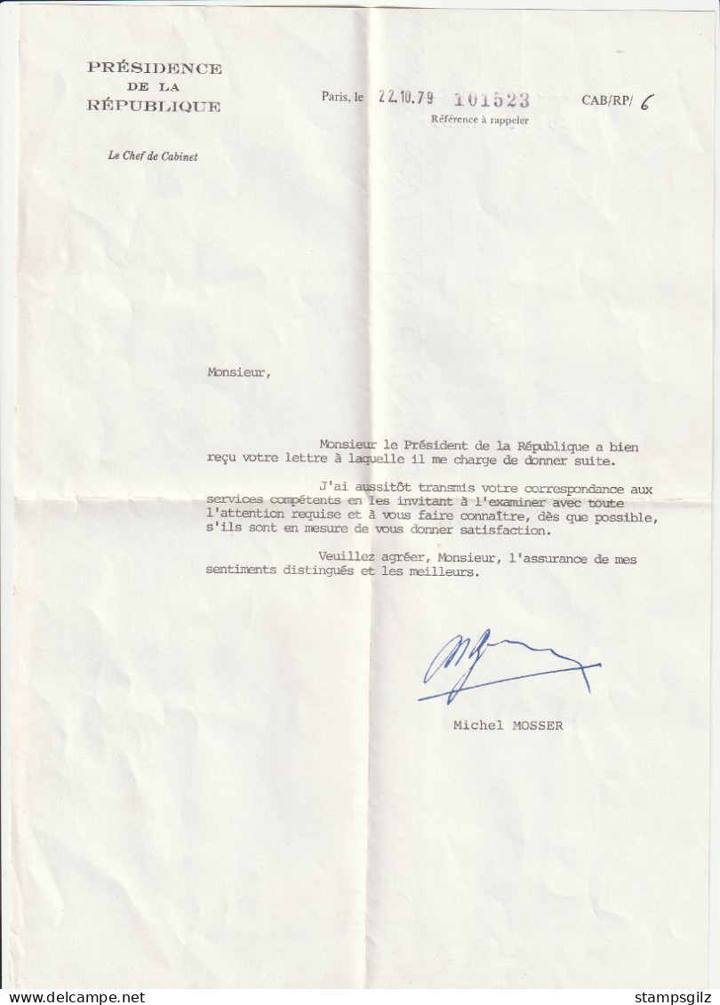 Courrier Présidence De La République (1979 ,V.giscard D'estaing) Signé M.Mosser Chef De Cabinet - Manuscrits