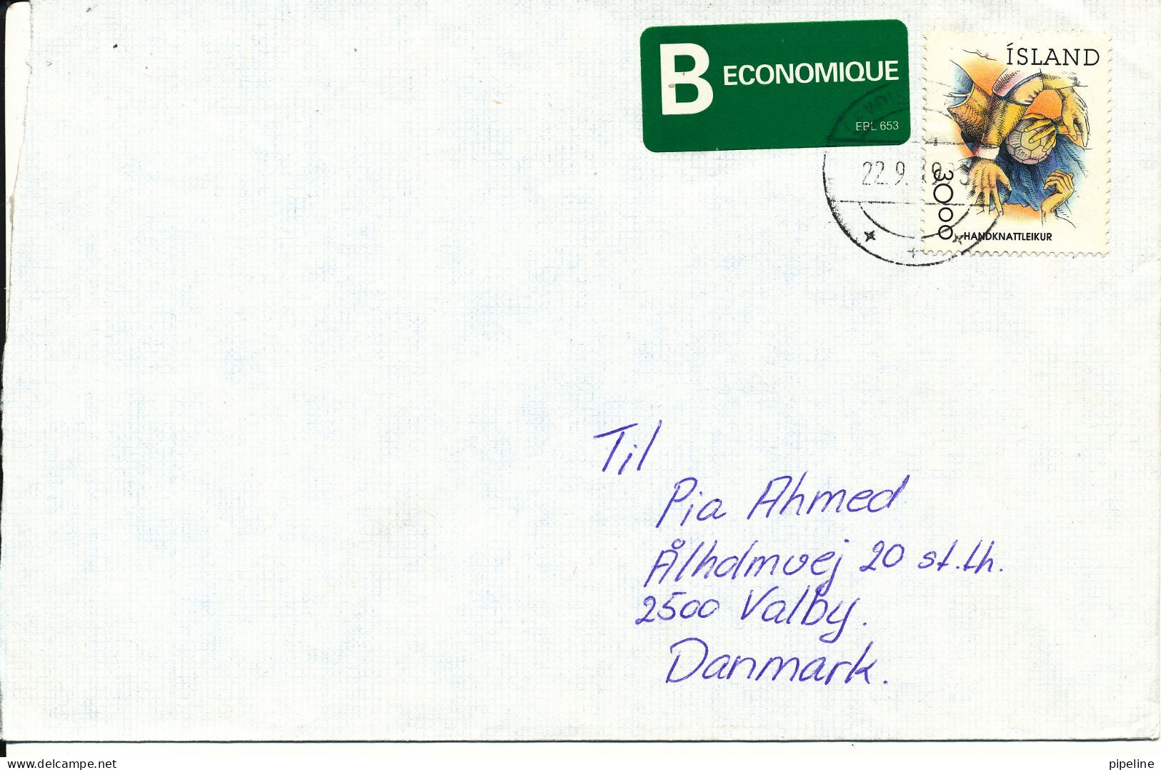 Iceland Cover Sent To Denmark 1992 Single Franked - Cartas & Documentos