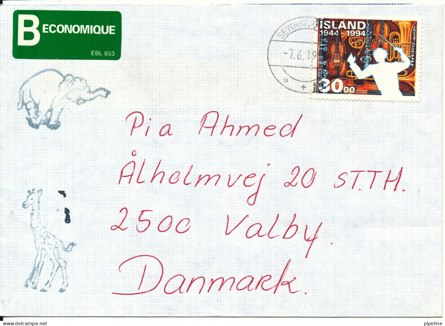 Iceland Cover Sent To Denmark 1994 Single Franked - Covers & Documents