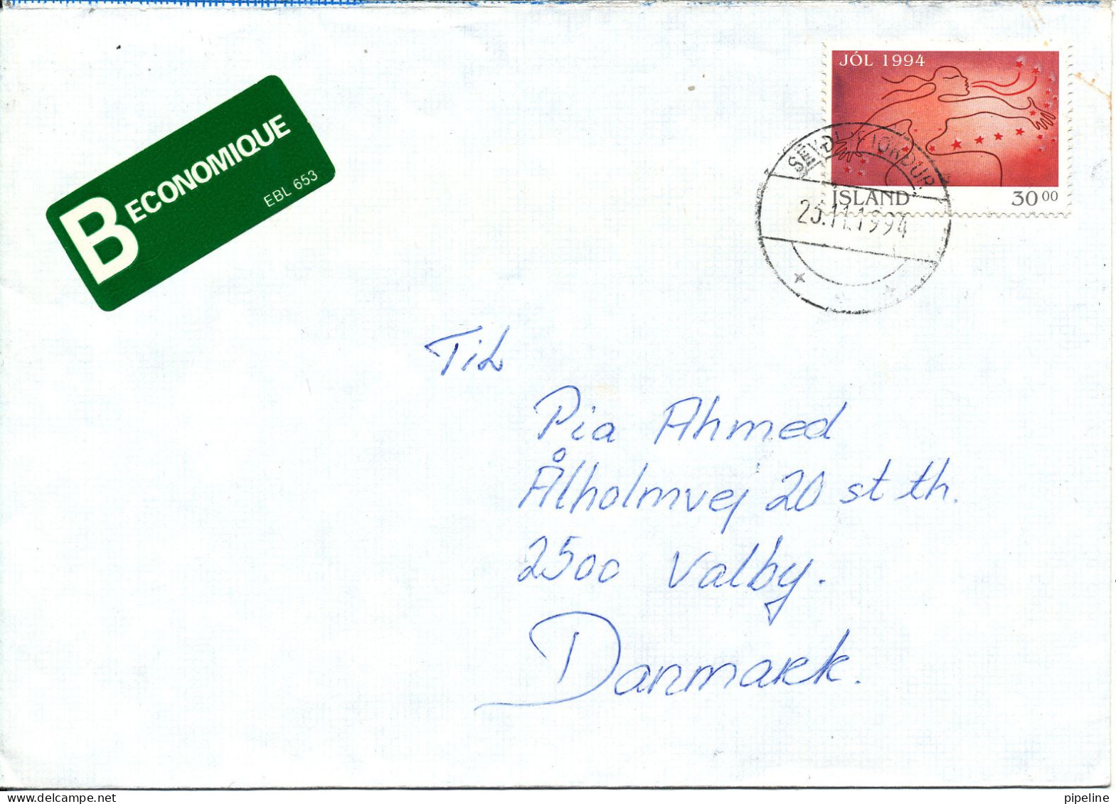 Iceland Cover Sent To Denmark 23-11-1994 Single Franked - Cartas & Documentos