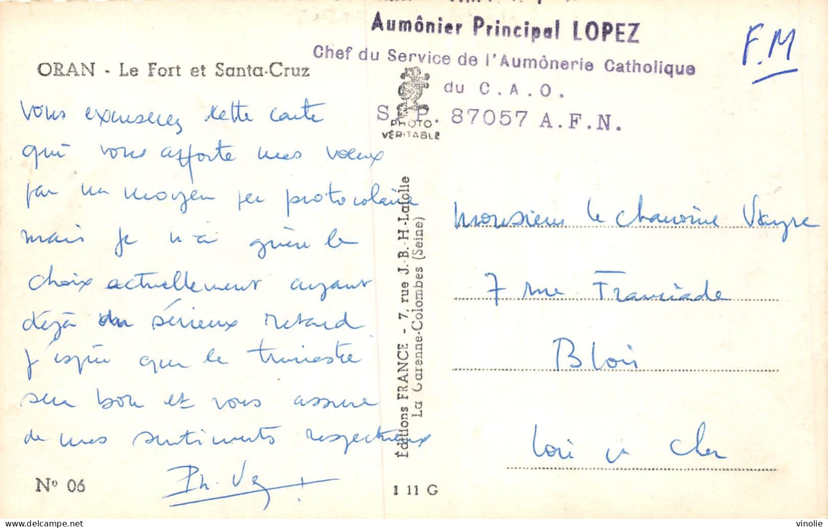 PIE-23-JMT4. 8332 : CACHET FRANCHISE CHEF DU SERVICE DE L'AUMONERIE CATHOLIQUE  DU CAO   A F N - War Of Algeria