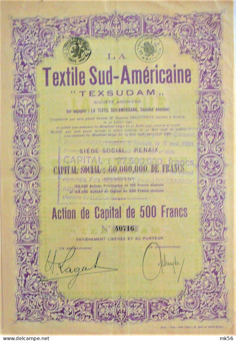 S.A. Texsudam Textile Sud-Américaine - Act.de Cap. 500fr - Renaix - Tessili