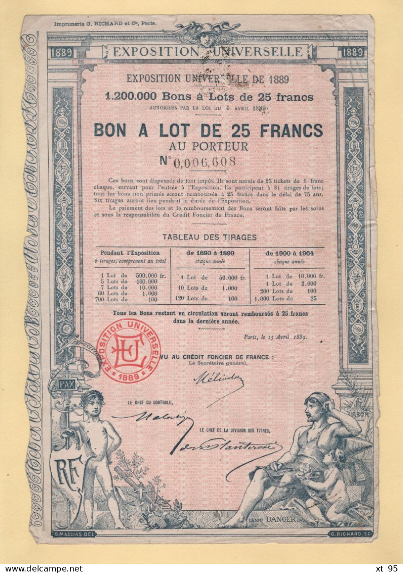 Exposition Universelle 1889 - Bon A Lot De 25 Francs - Andere & Zonder Classificatie