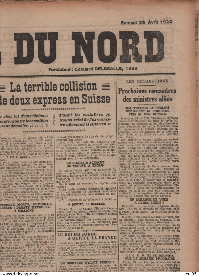 Le Reveil Du Nord - 26 Avril 1924 - 6 Pages - Journal - Otros & Sin Clasificación
