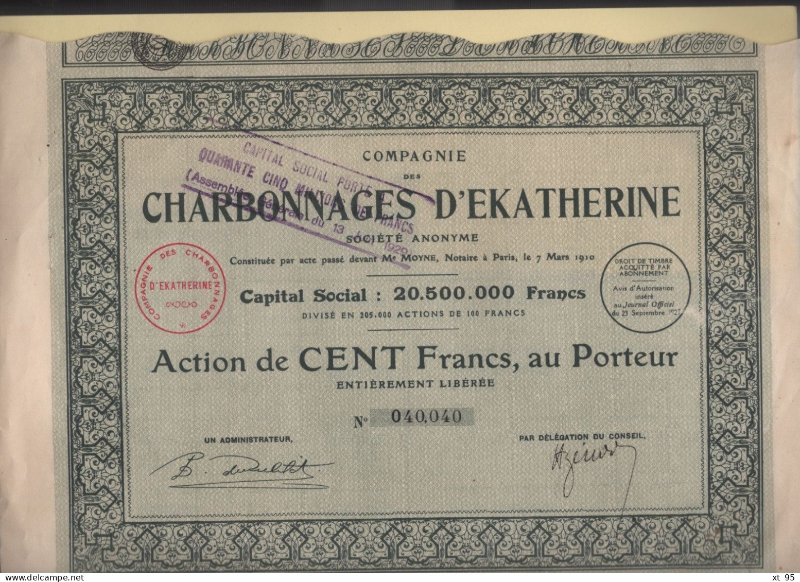 Compagnie Des Charbonnages D Ekatherine - Action De Cent Francs Au Porteur - Mijnen