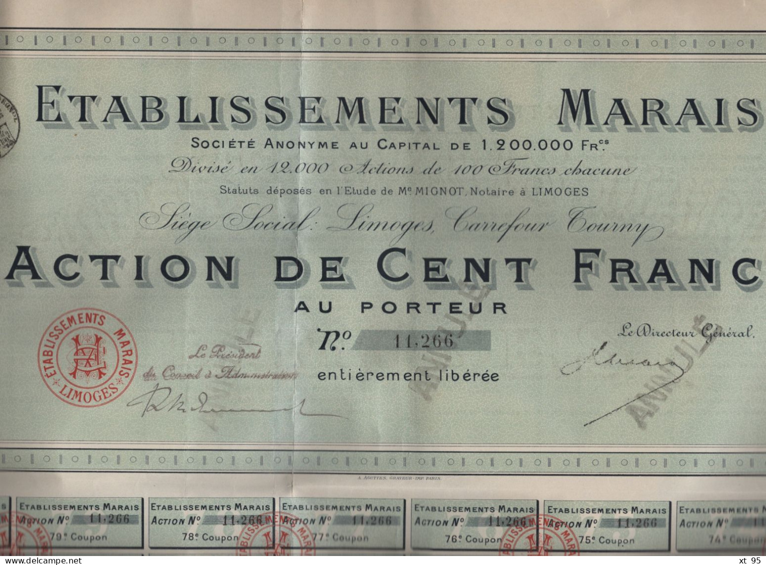 Etablissements Marais - Limoges - Action De Cent Francs Au Porteur - Industry