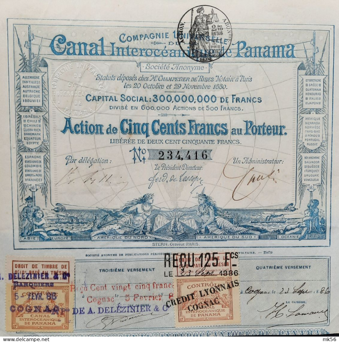 Canal Interocéanique De Panama - Action De 500 Francs Au Porteur  - 1886 !! - Navigazione
