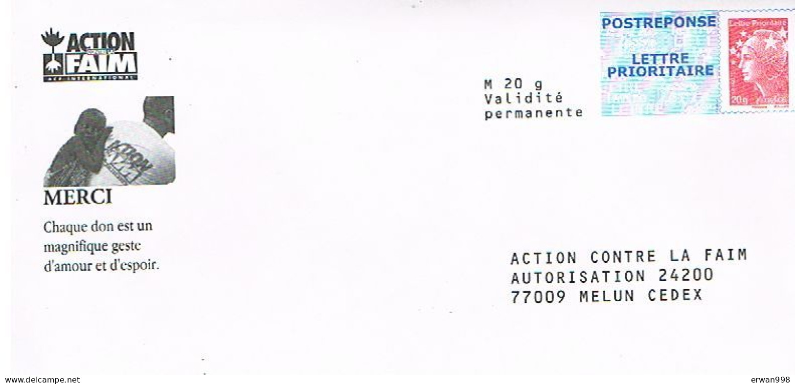 77 MELUN PAP Postréponse  Marianne De BEAUJARD -  Action Contre La Faim  -  12P439   (288) - PAP: Antwort/Beaujard