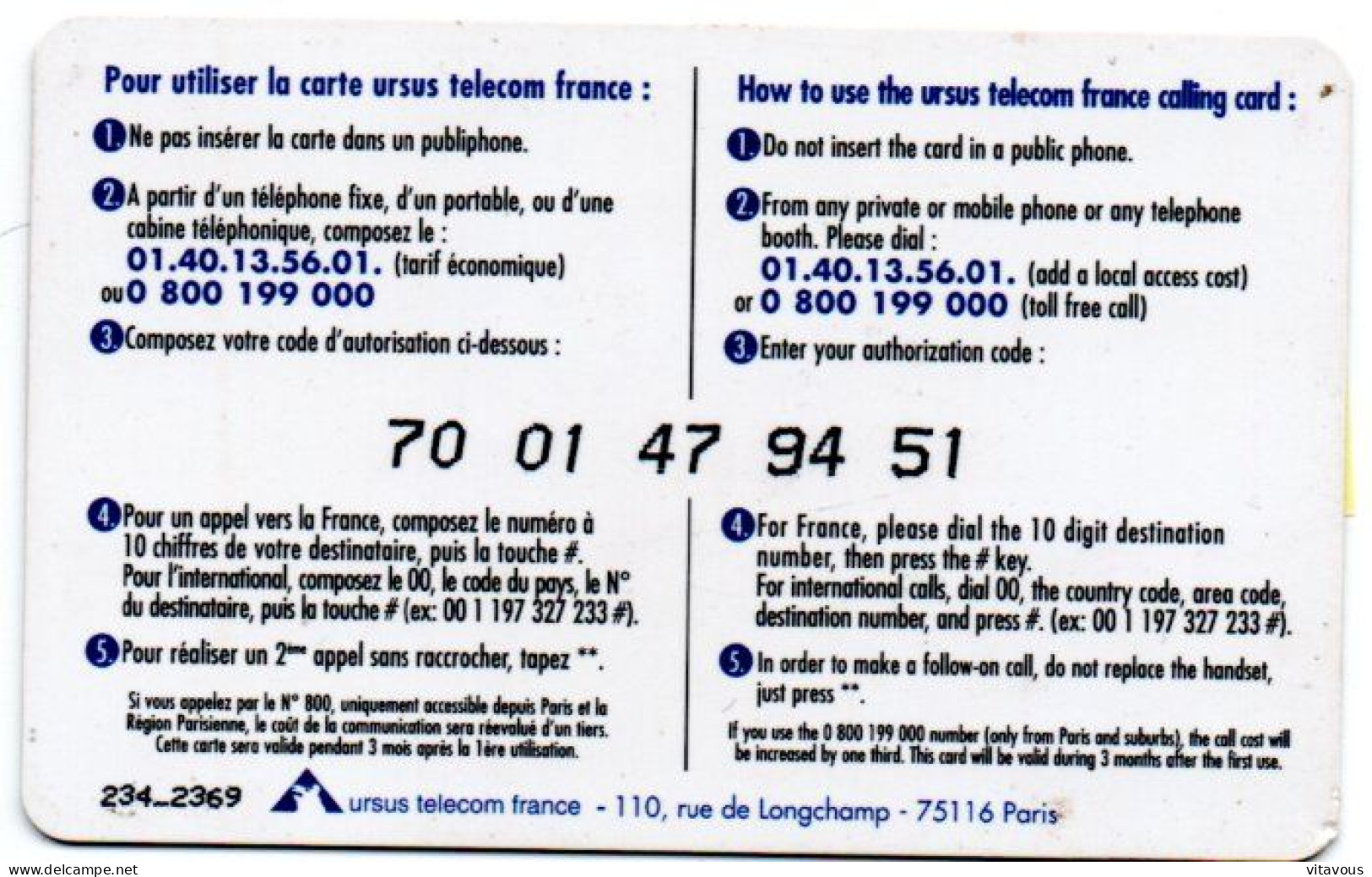 Ours Bear  Carte Prépayée AURSUS TELECOM FRANCE Card (R876) - Other & Unclassified