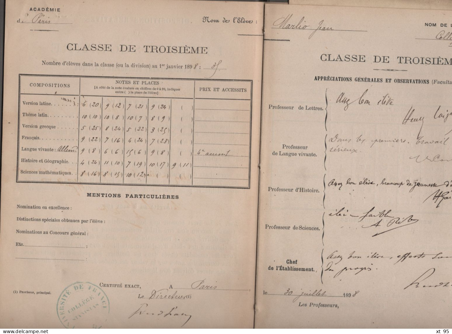 Livret Scolaire - College Stanislas - Academie De Paris - 1900 - Marlio Jean - Diploma's En Schoolrapporten