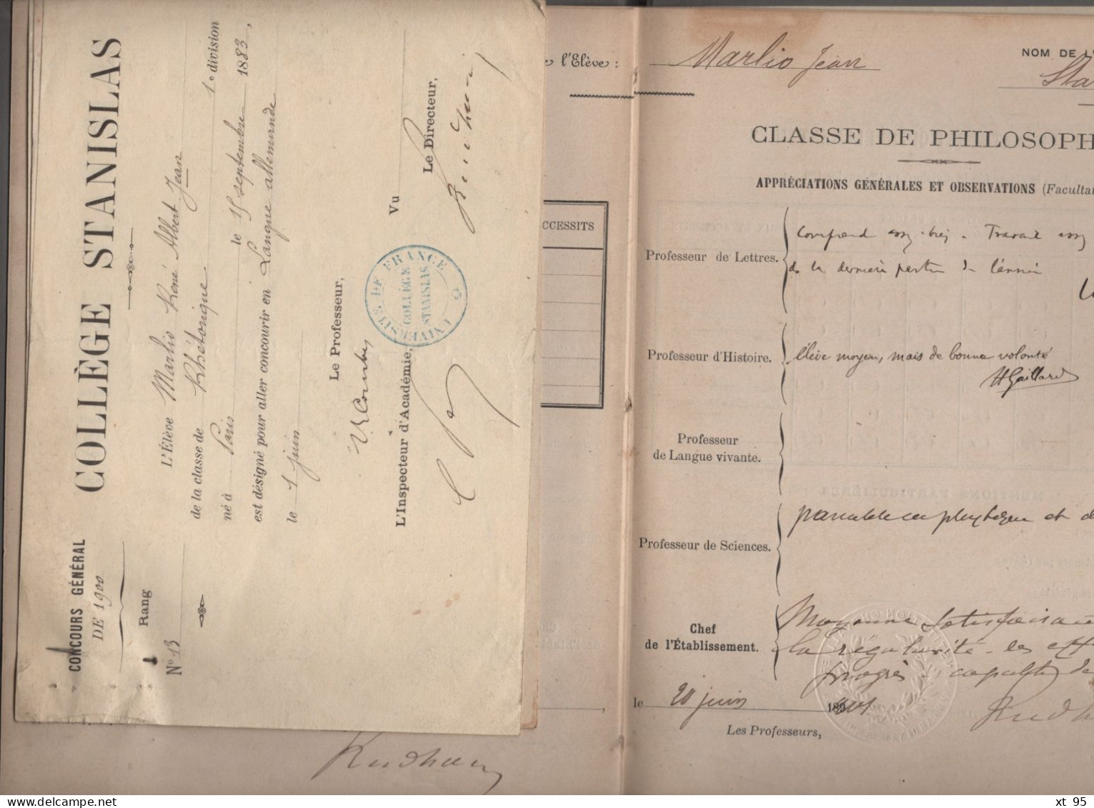 Livret Scolaire - College Stanislas - Academie De Paris - 1900 - Marlio Jean - Diplome Und Schulzeugnisse