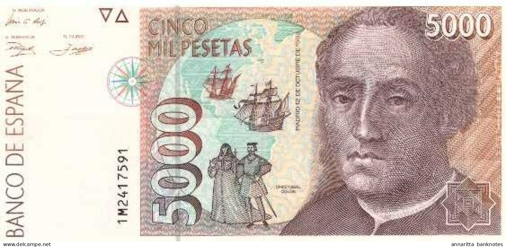 Spain 5000  Pesetas 1992, AU/UNC (P-165a, B-631a) - [ 4] 1975-… : Juan Carlos I