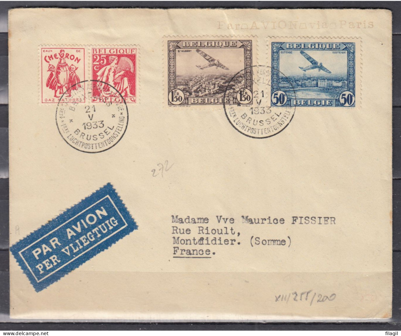 Brief Van Bruxelles Luchtposttentoonstelling Naar Montfidier (Somme) France - Other & Unclassified