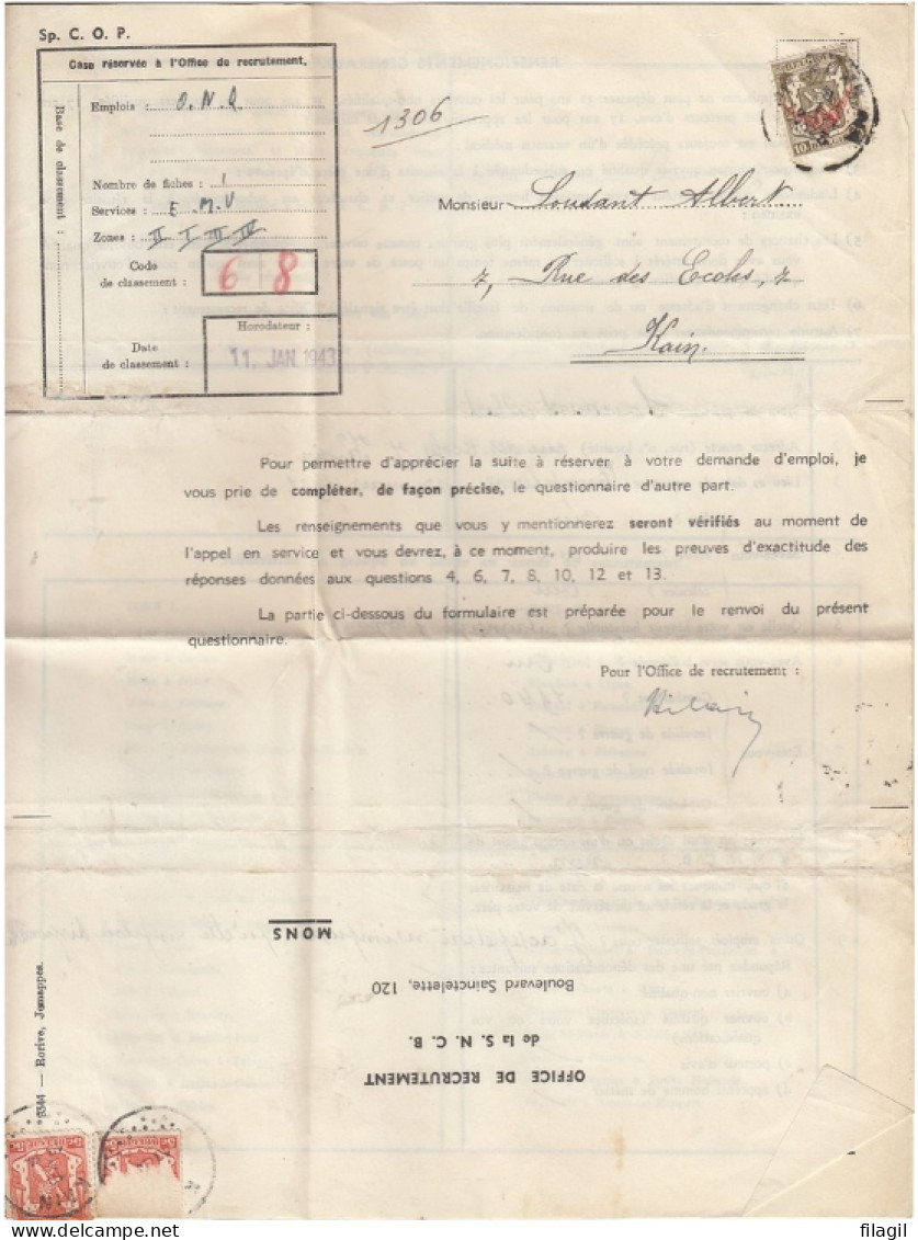 Document Van Case Réservée A L'Office De Recrutement Met Stempel Mons Naar Kain - Andere & Zonder Classificatie