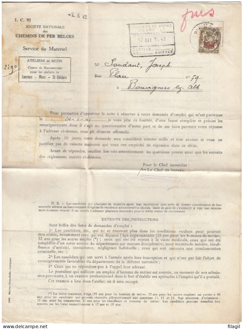 Document Van Societe Nationale Des Chemins De Fer Belges Service Du Materiaal Met Stempel Ateliers De Mons Entre - Sonstige & Ohne Zuordnung