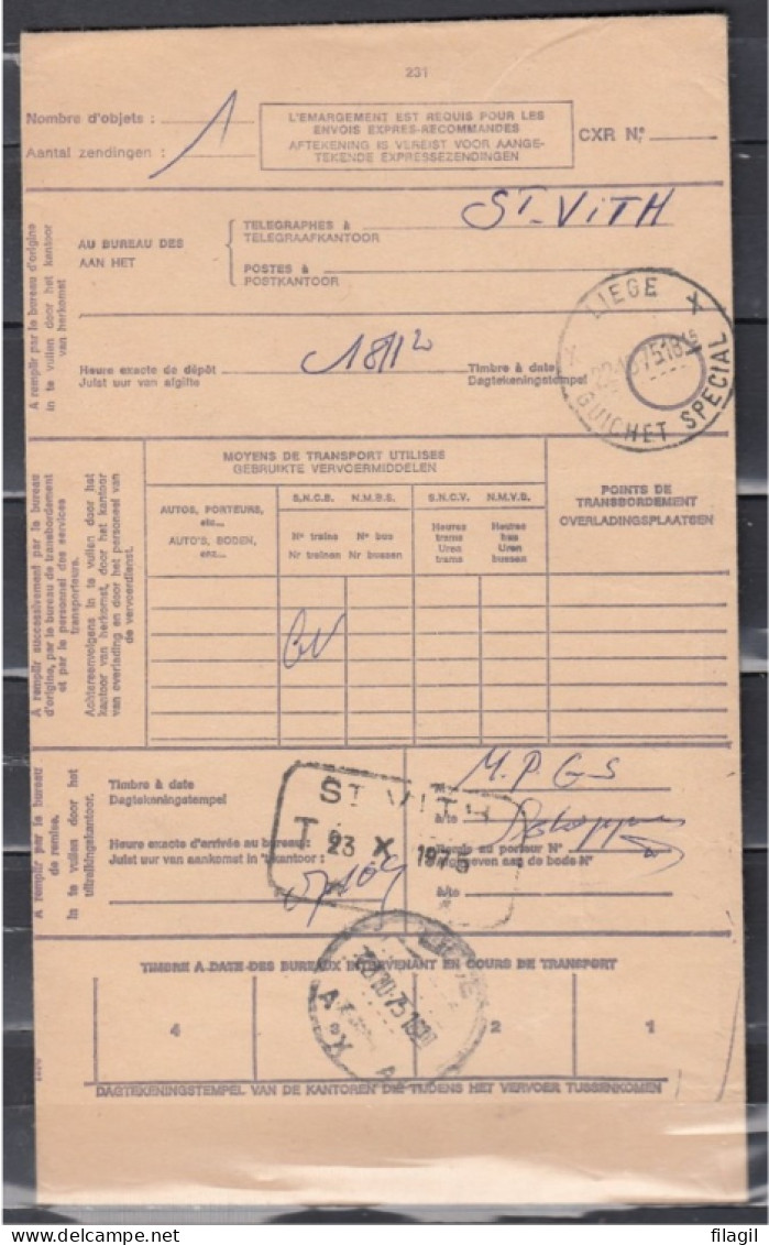 Aftekening Is Vereist Voor Aangetekende Expressezendingen Met Telegraafstempel St Vith Naar Liege X Guichet Special - Lettres & Documents