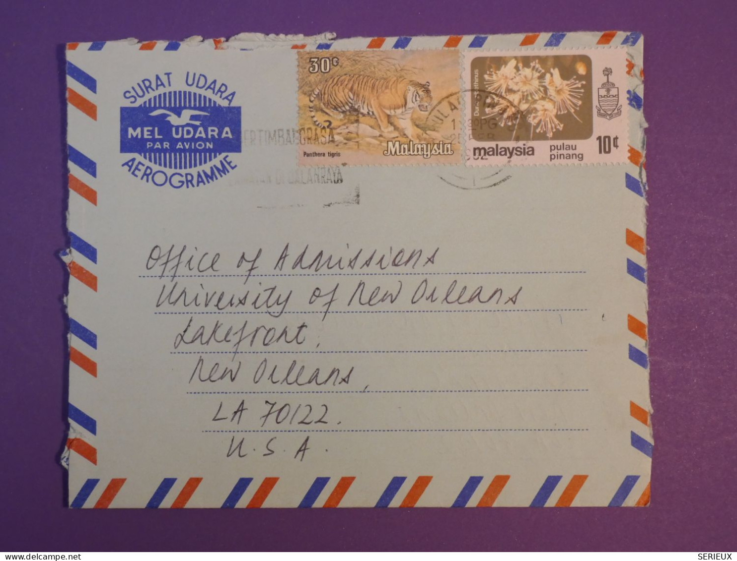 DG3 MALAYSIA BELLE LETTRE AEROGRAMME 1982  PENANG  A NEW ORLEANS  USA +TIGER STAMPS +AFF. INTERESSANT++ - Malaysia (1964-...)