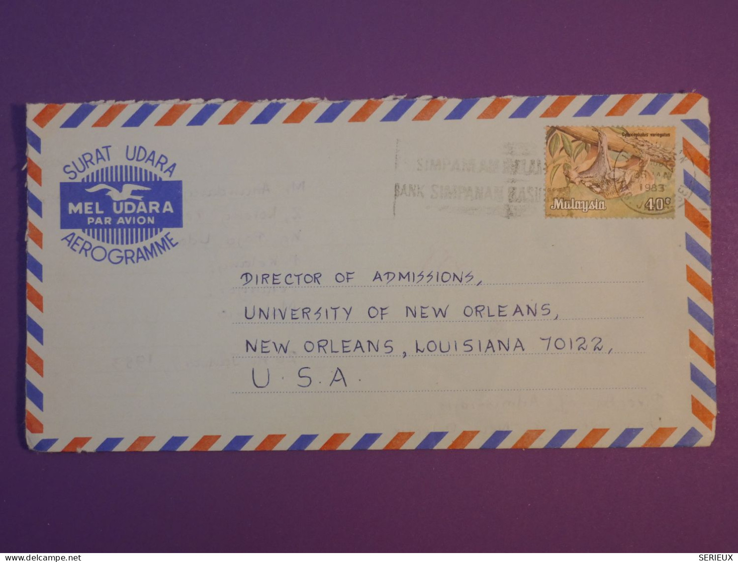 DG3 MALAYSIA BELLE LETTRE AIR LETTER  1983 SELANGOR  A NEW ORLEANS USA  +AFF. INTERESSANT++ - Malaysia (1964-...)