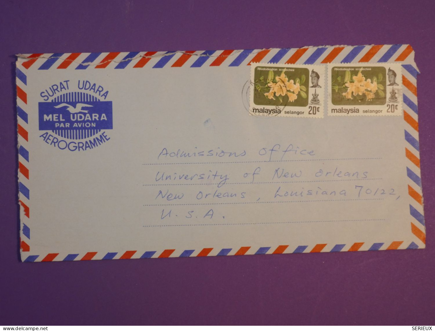 DG3 MALAYSIA BELLE LETTRE AIR LETTER  1985 SELANGOR  A NEW ORLEANS UNIVERSITY  USA  +AFF. INTERESSANT++ - Malaysia (1964-...)