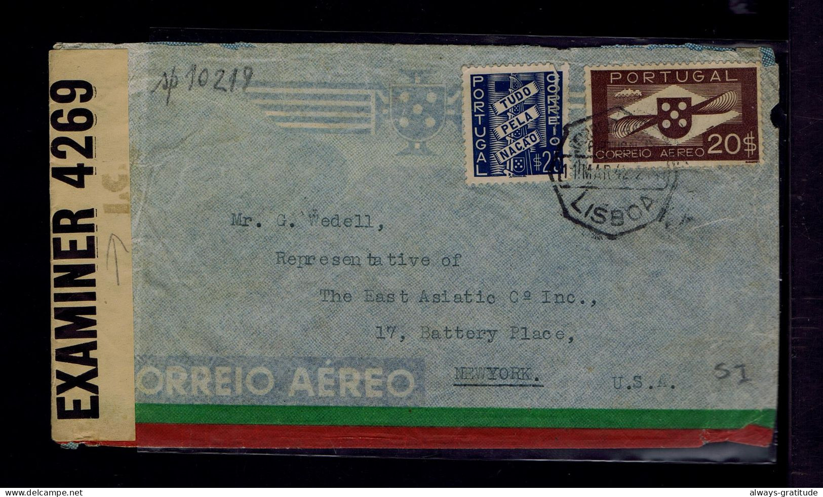 Sp10219 PORTUGAL Airmail Cover 1942 CENSORED (examiner 4269) Mailed Lisboa »NewYork - Cartas & Documentos