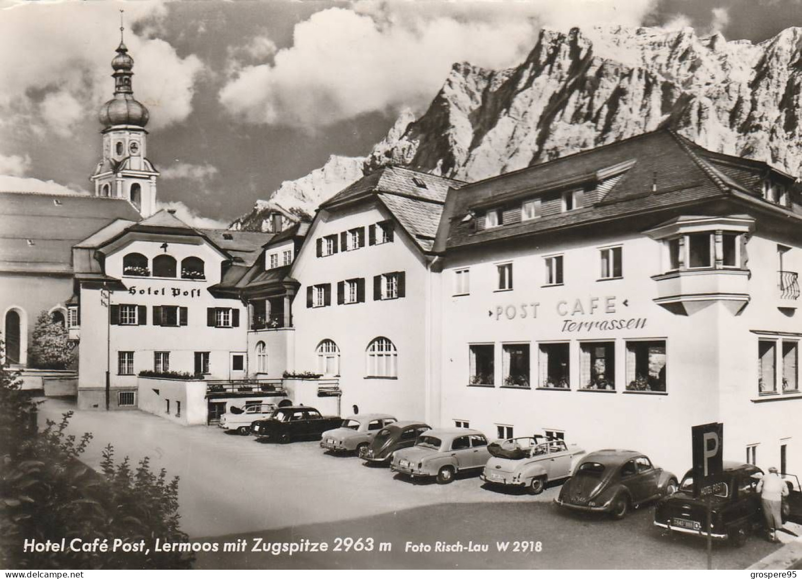 LERMOOS MIT ZUGSPITZE 2963 M FOTO RISCH LAU HOTEL CAFE POST MERCEDES VOLKSWAGEN.... - Lermoos