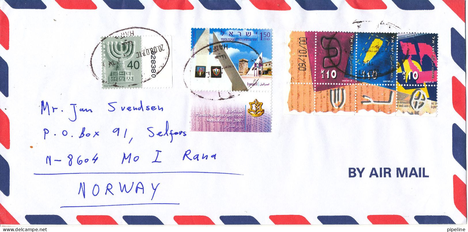 Israel Air Mail Cover Sent To Norway Haifa 20-8-2007 - Luchtpost