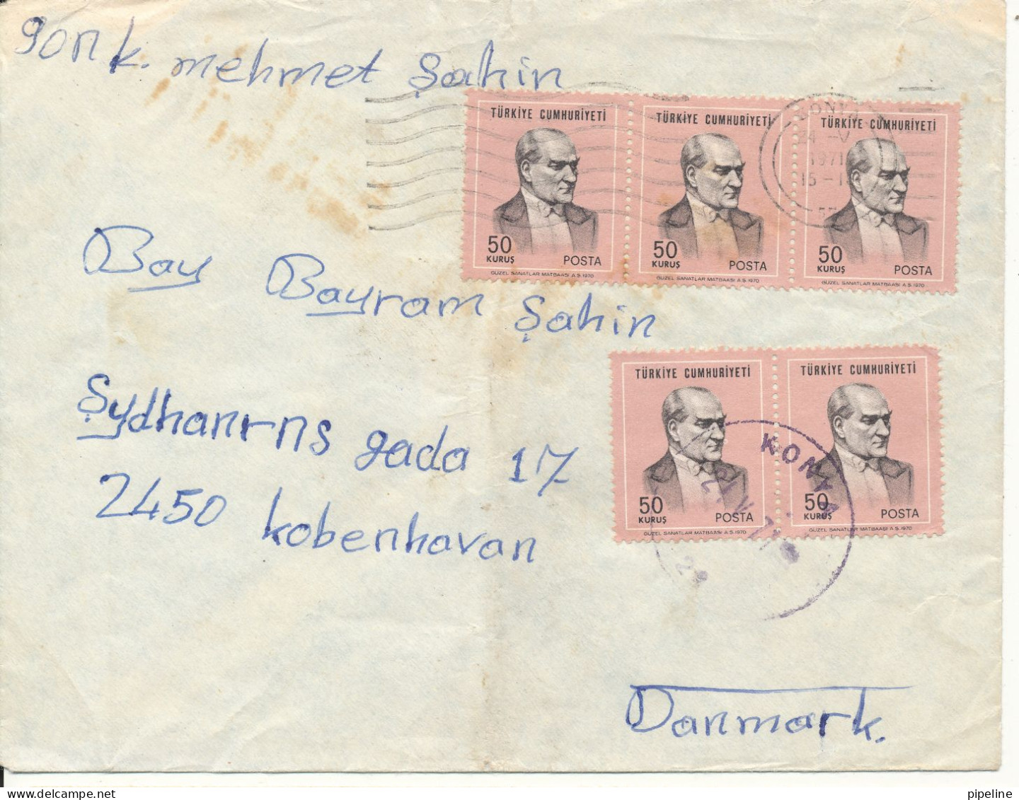 Turkey Cover Sent To Denmark Konya 24-5-1971 - Covers & Documents