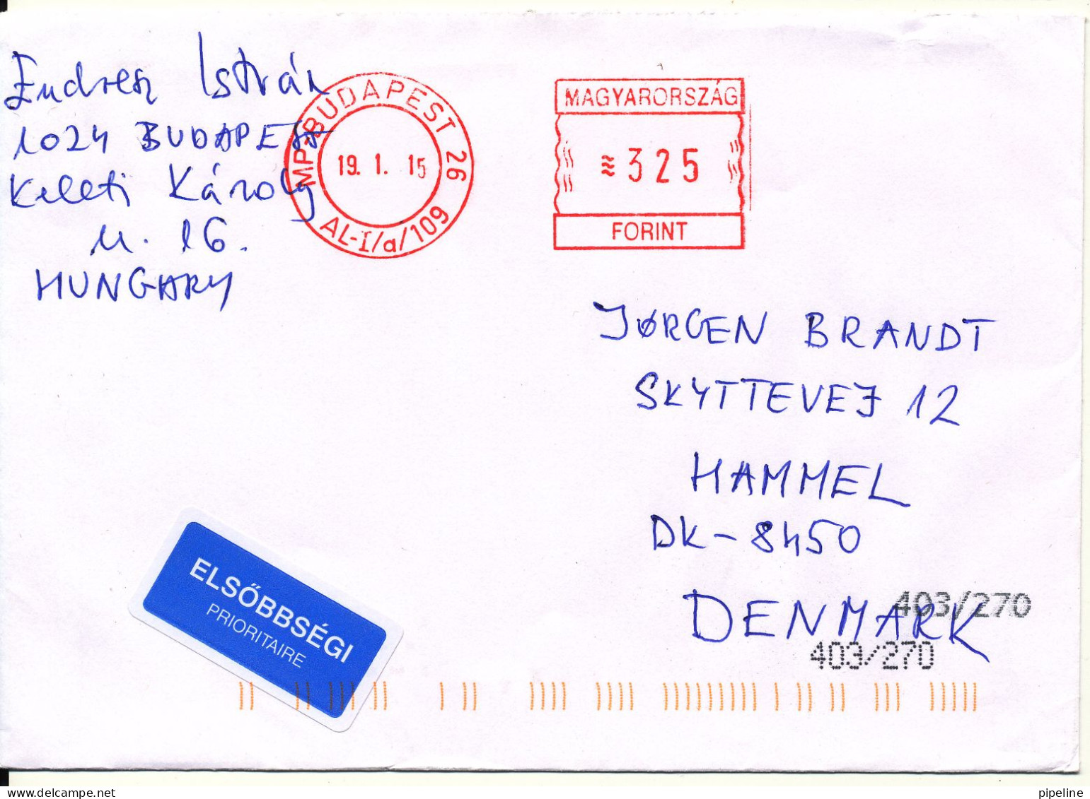 Hungary Cover With Meter Cancel Budapest 19-1-2015 Sent To Denmark - Covers & Documents