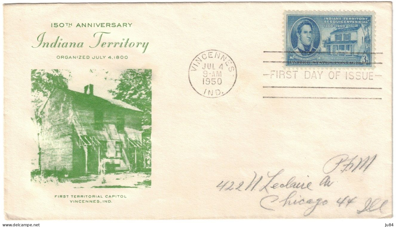 USA - États-Unis - Vincennes - FDC - 150th Anniversary - Indiana Territory - Lettre Pour Chicago - 1950 - 1941-1950