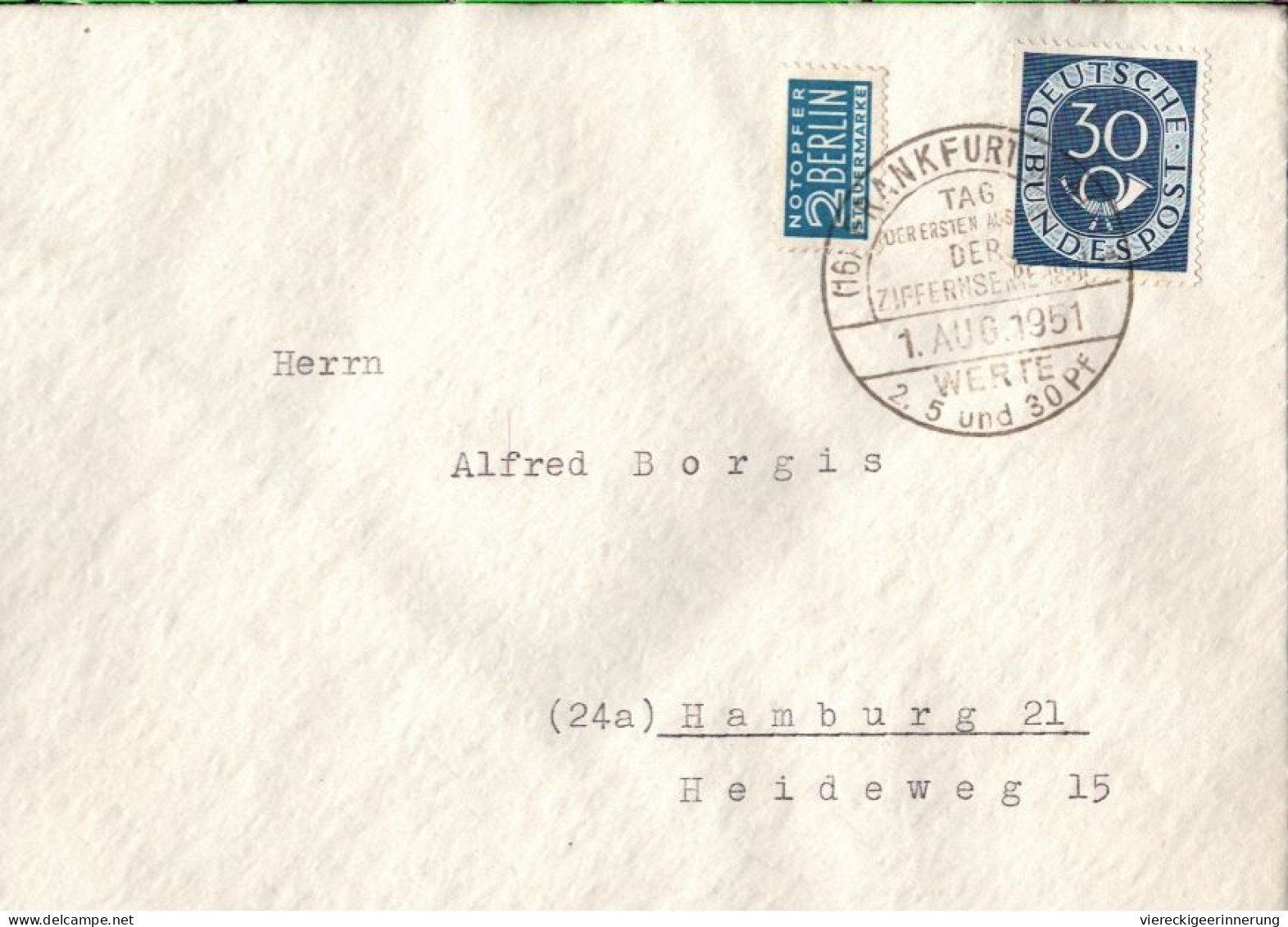 ! FDC, Ersttagsbrief, 30 Pfg. Posthornserie , Nr. 132, Ersttagsstempel Frankfurt Am Main,Bundespost, 1.8.1951 - Lettres & Documents