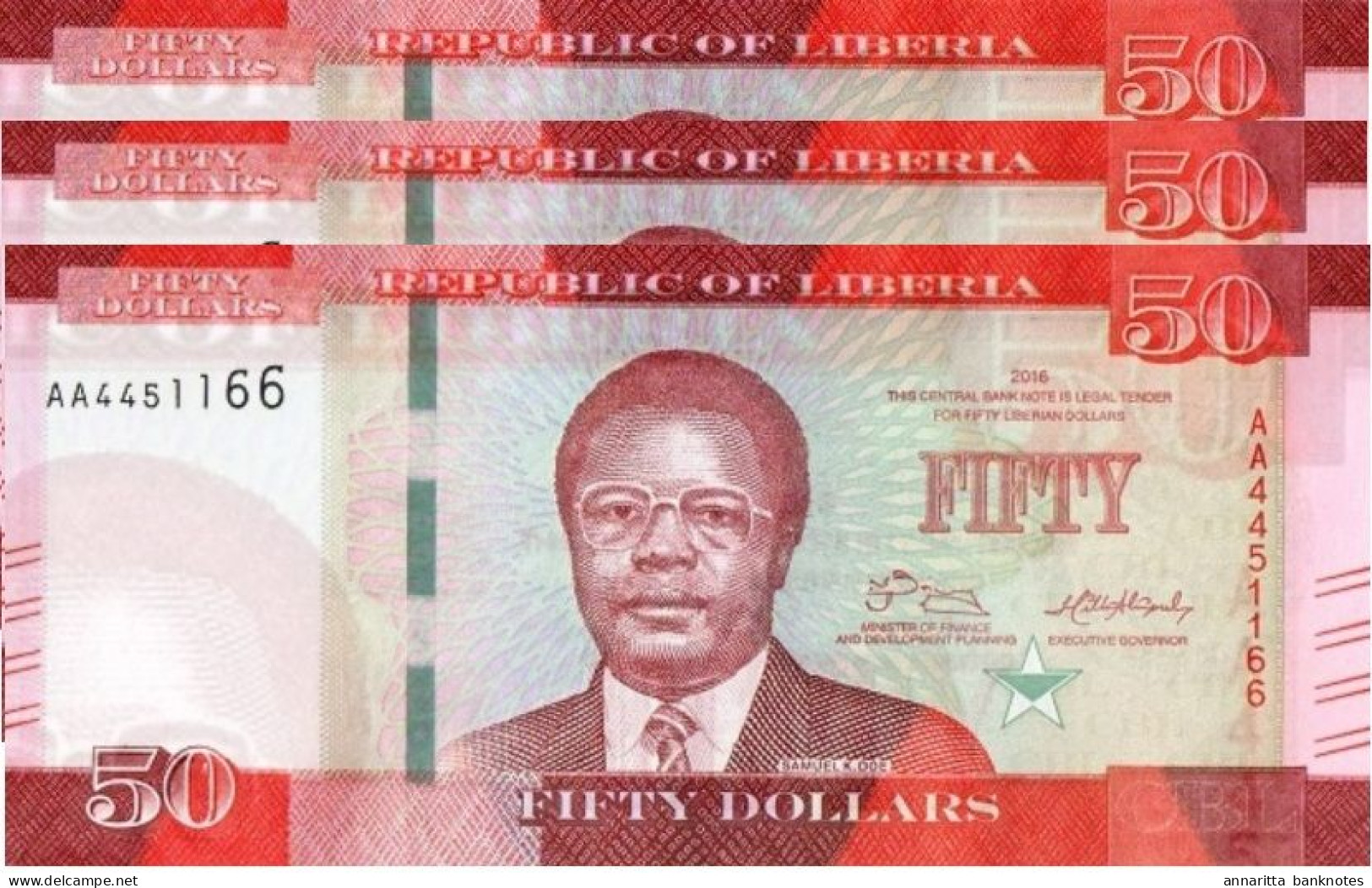 Liberia 50 Dollars 2016, UNC (P-34a, B-314a) / 3 PCS - Liberia