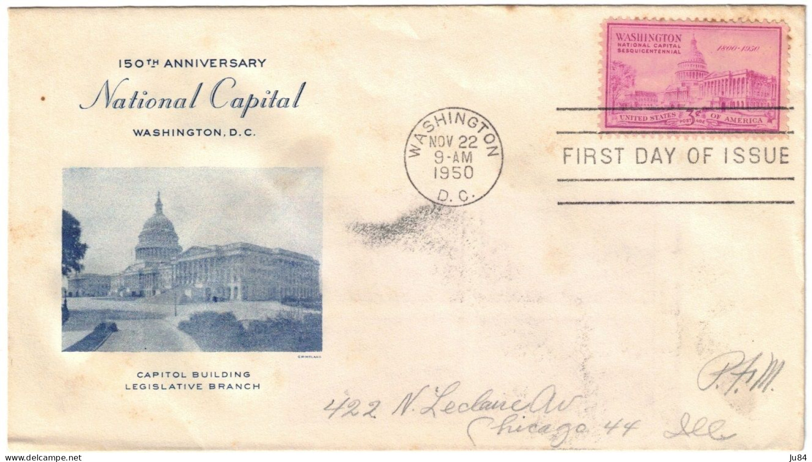 USA - États-Unis - Washington - FDC - 150th Anniversary - National Capital - Lettre Pour Chicago - 1950 - 1971-1980