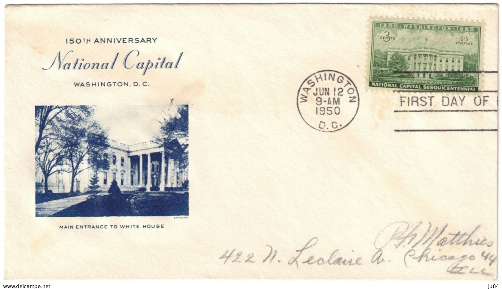 USA - États-Unis - Washington - FDC - 150th Anniversary - National Capital - Lettre Pour Chicago - 1950 - 1971-1980