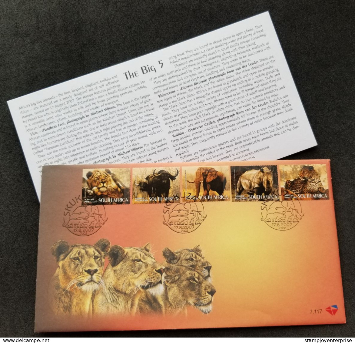 South Africa Big Five 2007 Wildlife Lion Big Cat Elephant Rhino Elephant Leopard Ox (stamp FDC) - Cartas & Documentos