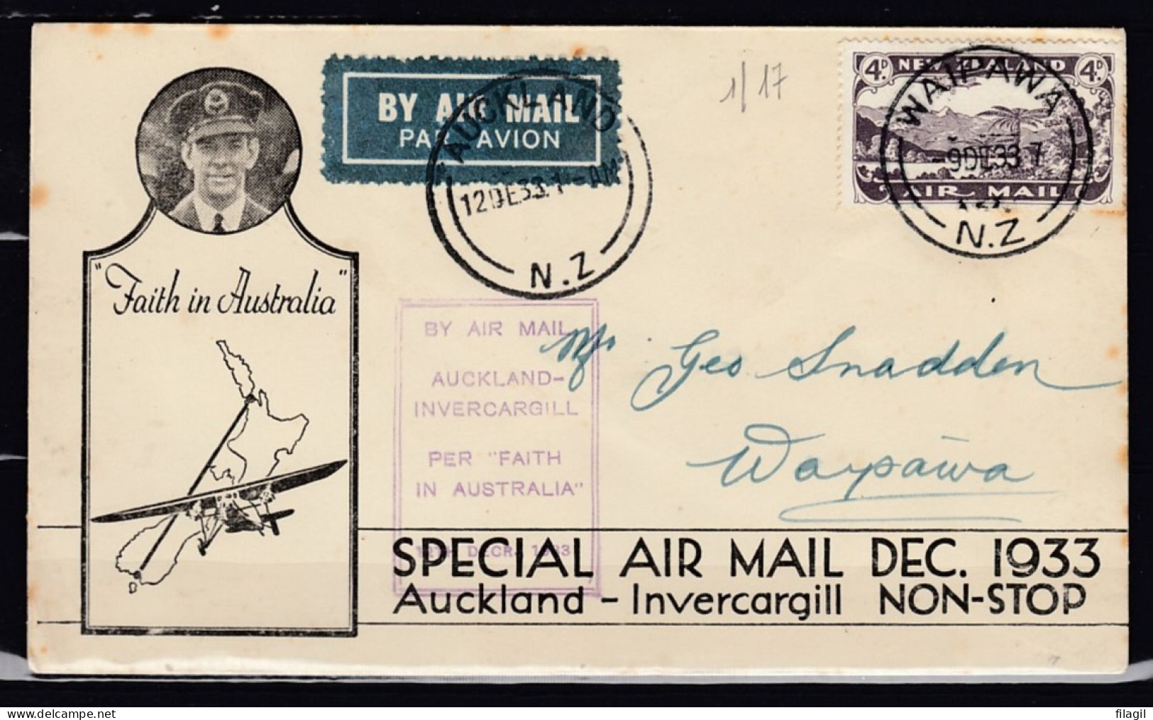 Brief Van Auckland Naar Waipawa By Air Mail Auckland-Invercargill Per "Faith In Australia" - Cartas & Documentos