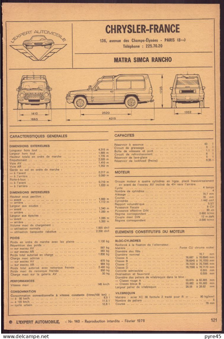 FICHE TECHNIQUE L EXPERT AUTOMOBILE CHRYSLER FRANCE MATRA SIMCA RANCHO 1978 - Autres Plans