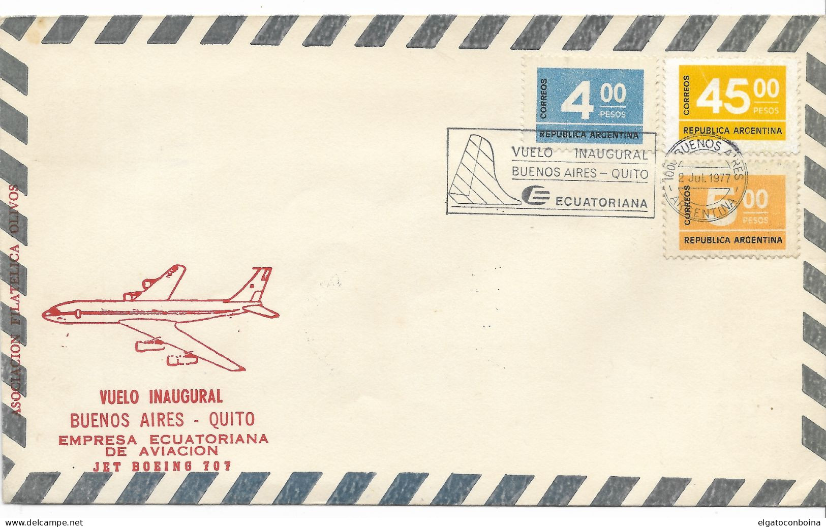 ARGENTINA 1977 FIRST FLIGHT BUENOS AIRES - QUITO AVIATION COVER WITH SPECIAL CANCEL - FDC