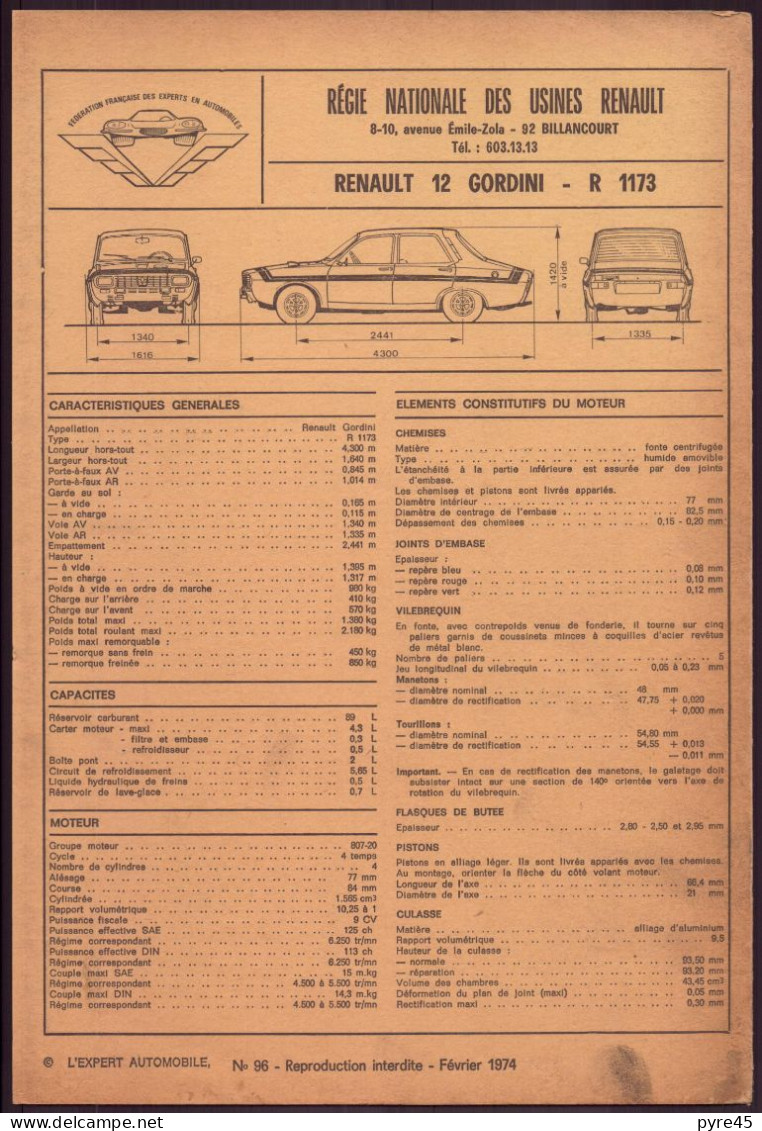 FICHE TECHNIQUE L EXPERT AUTOMOBILE RENAULT 12 GORDINI 1974 - Autres Plans