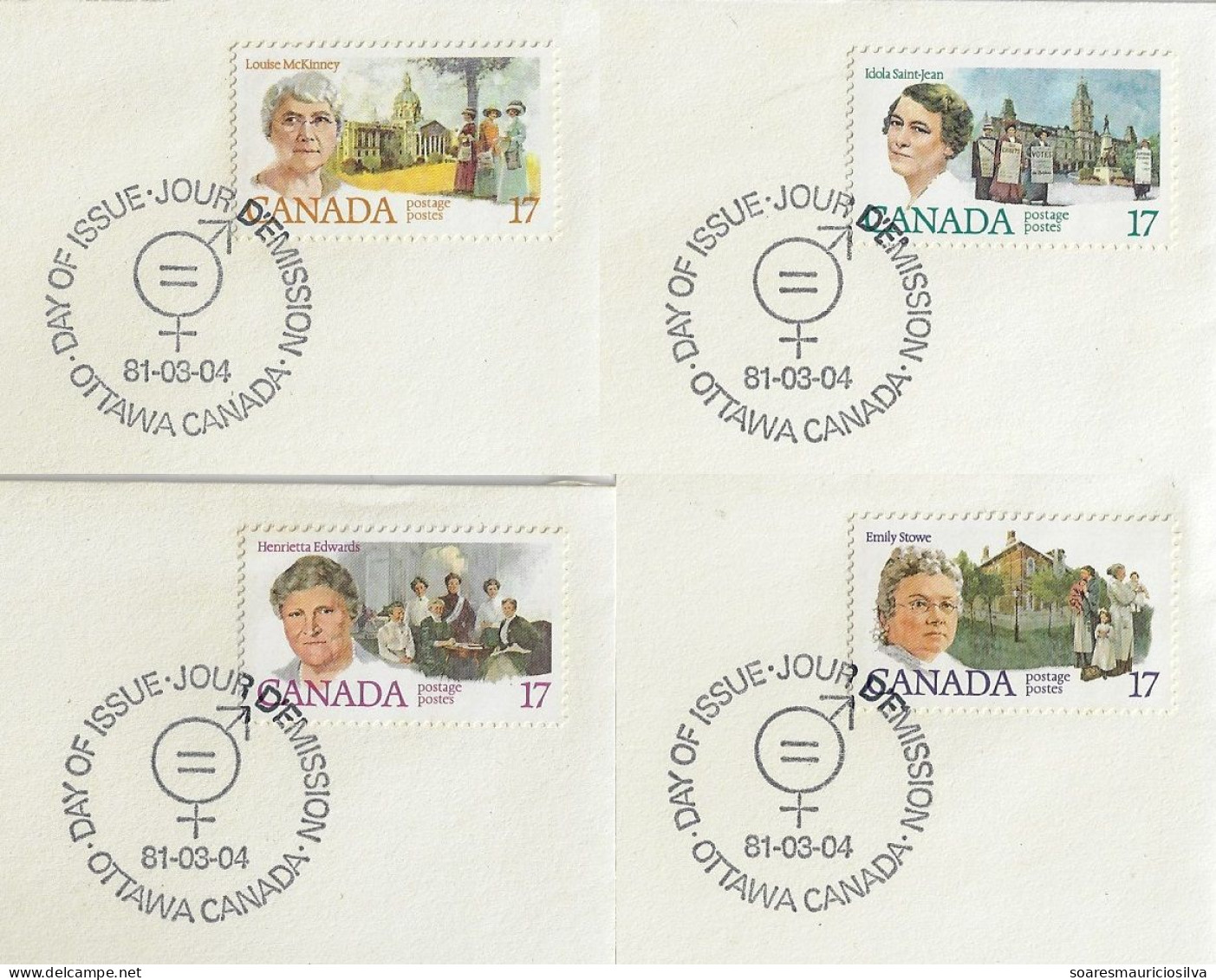 Canada 1981 4 FDC Commemorative Cancel Stamp Canadian Feminists Equal Rights For Men And Women Vote For Women - 1981-1990