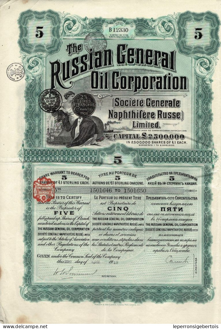 Titre De 1913 - The Russian General Oil Corporation - Déco - Russie