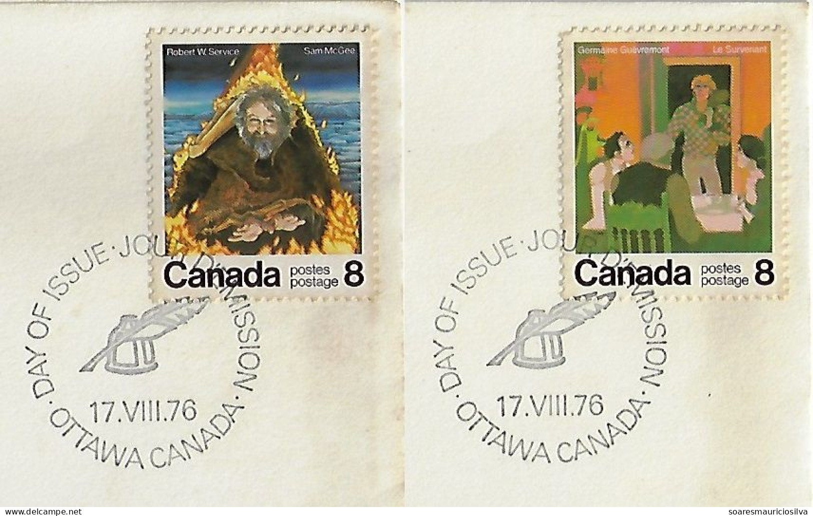 Canada 1976 2 FDC Commemorative Cancel Stamp Canadian Writers Literature Quill Ink Pen Feather - 1971-1980